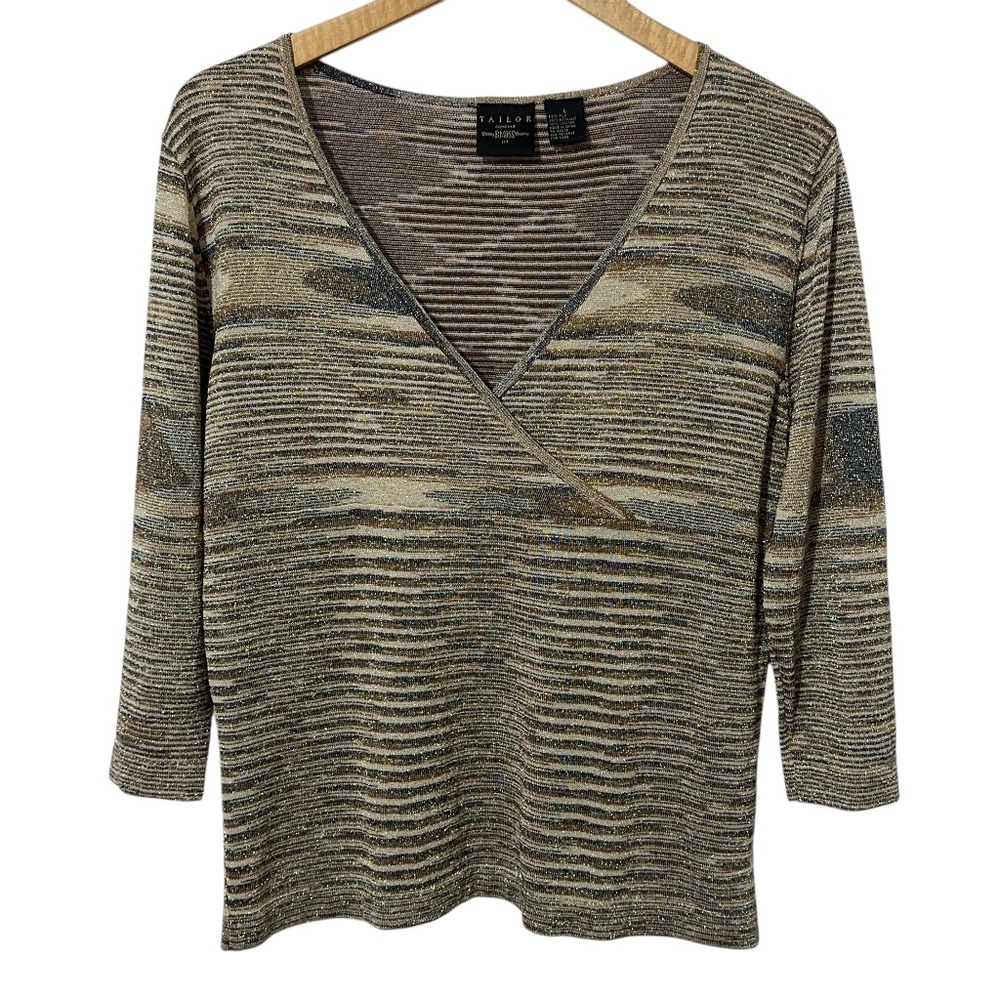 Tailor B Moss Silk Blend Metallic Stretch Top Womens Size L Vintage